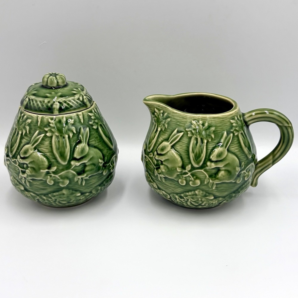 Vintage Bordallo Pinheiro Creamer & Lidded Sugar Bowl Rabbit Green Majolica Set